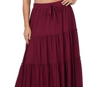 Plus Size Boho Dark Burgundy Tiered Ruffled Raw Hem Elastic Waist Maxi Skirt